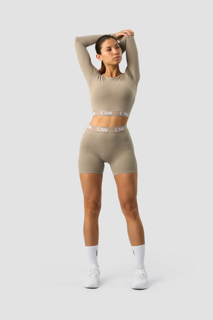 define seamless logo long sleeve crop top taupe